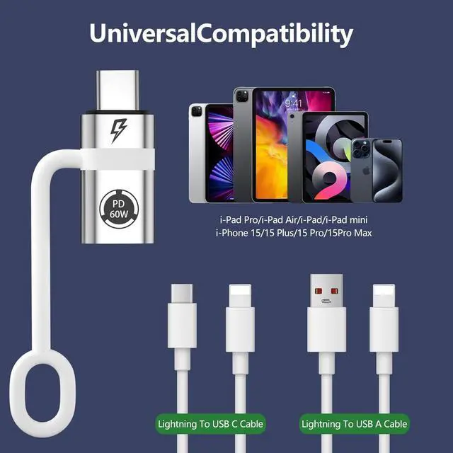 Alt view image 2 of 7 - Lig-htning to USB C Adapter PD60W Quick Charge and Data USB C to i-OS Female Adapter Compatible with Phone 15/15 Plus/15 Pro Supports No Headphones and OTG Functions Silver Colour