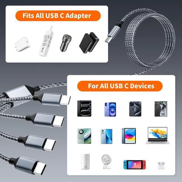 Alt view image 3 of 7 - Travel USB C Cable 5FT USB C Splitter 4 IN 1 Multi Charging Cable with 4 Typ-C Ports for Multiple Devices Fast Charging for iPhone 16/15 iPad Galaxy S25/S24 Android PS5 Mini Fans and More