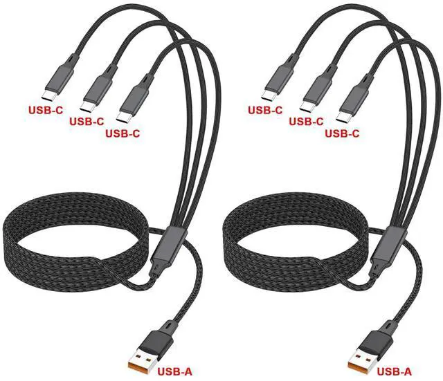 Alt view image 2 of 7 - 6.6FT Multi USB C Charging Cable 2Pack 3-in-1 USB-A to 3 USB-C Connectors Multiple USB Type C Splitter Cords for iPhone 16/15 Pro Max iPad Air/Pro  Galaxy S24 Google Pixel Android Car