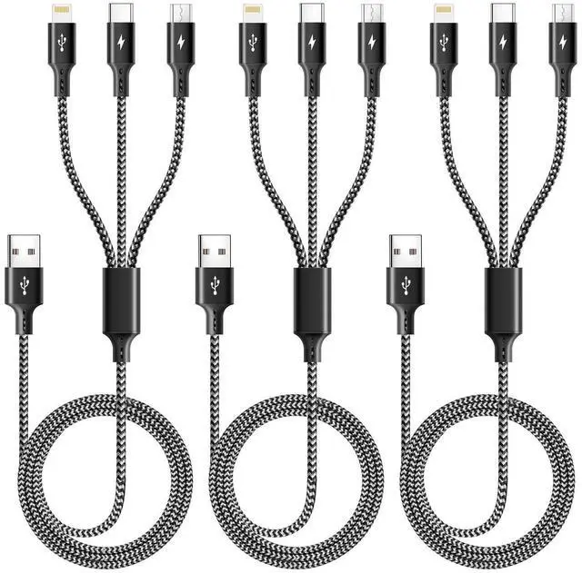 Main image of 3 in 1 Multiple Charging Cable(2Pack 4Ft) Braided Multi Charger Cord Fast Charging Cable Universal USB Cable with Type C/Micro USB Port for Cell Phones iPhone 16 15 14 13 Series (3 Black 4Ft)
