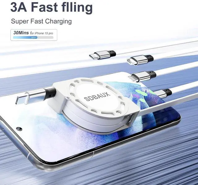 Alt view image 2 of 7 - Multi Charging Cable USB C to 4 in 1 Retractable iP/Micro/Dual Type C Port Fast Charger Cord for iPhone 16 15 14 13 12 Pro Max iPad Mini Air Galaxy S23/S22/S20 Cell Phones Tablets Universal Use