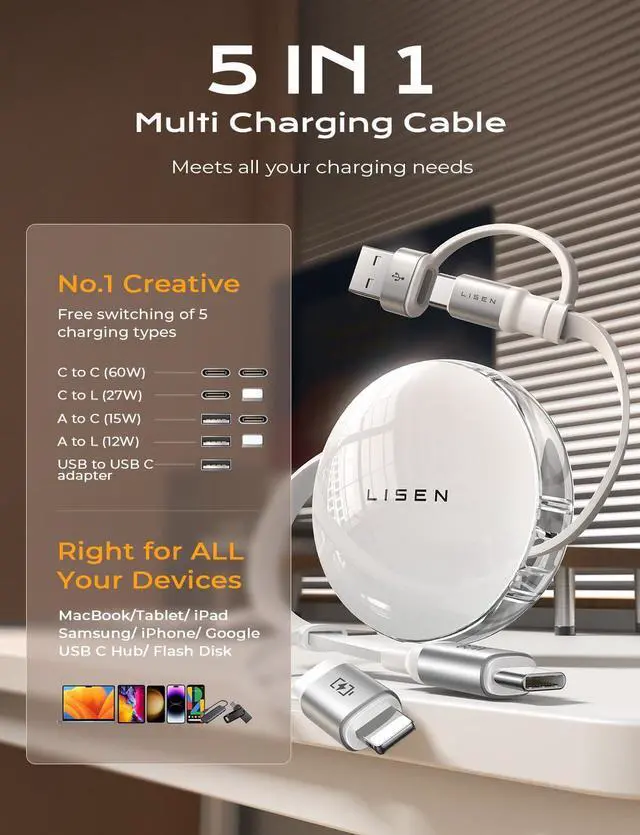Alt view image 2 of 7 - 5-in-1 Fast Charging Retractable Cable for iPhone iPad  - 60W Charger with USB-C/A Ports for Phones Tablets White