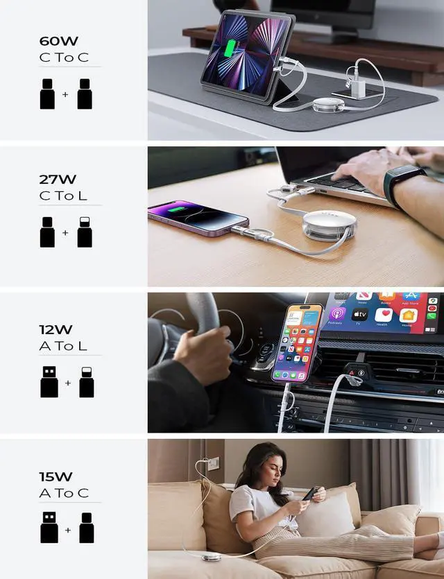 Alt view image 4 of 7 - 5-in-1 Fast Charging Retractable Cable for iPhone iPad  - 60W Charger with USB-C/A Ports for Phones Tablets White