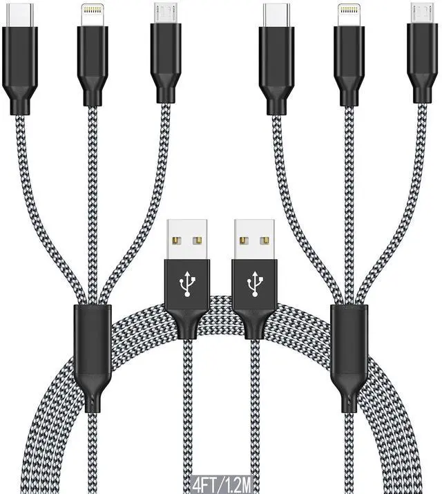 Main image of Multi Charging Cable 4ft 2Pack 3in1 Charger Cord Multiple iPhone Charger Lightning Wire Nylon Braided MFi Certified Universal for  USB Type c Micro Phone