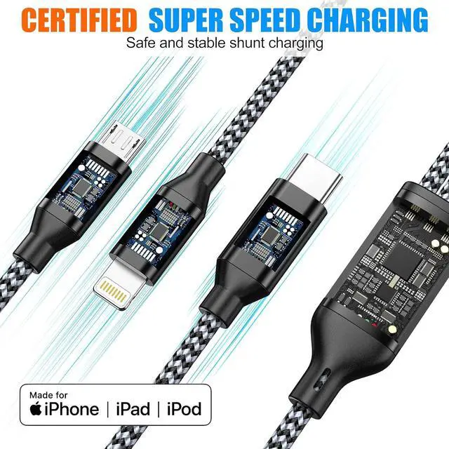 Alt view image 3 of 7 - Multi Charging Cable 4ft 2Pack 3in1 Charger Cord Multiple iPhone Charger Lightning Wire Nylon Braided MFi Certified Universal for  USB Type c Micro Phone