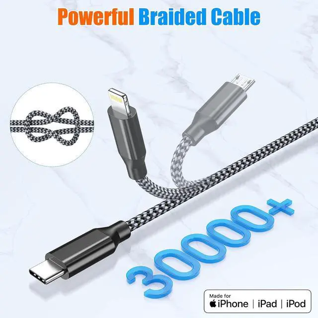 Alt view image 4 of 7 - Multi Charging Cable 4ft 2Pack 3in1 Charger Cord Multiple iPhone Charger Lightning Wire Nylon Braided MFi Certified Universal for  USB Type c Micro Phone