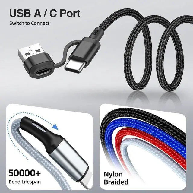 Alt view image 4 of 7 - 6 in 1 Multi Charging Cable Multi Charger Cable [2 Pack 6FT] Braided Multi Fast Charging Cord Multiple Charging Cable USB A/C Connector with IP/Type C/Micro USB Ports for Cell Phone Tablets