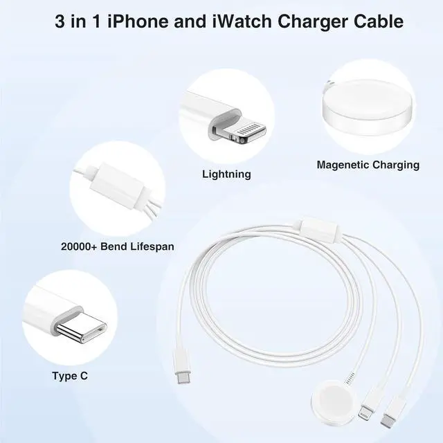 Alt view image 3 of 7 - Watch Charger  iWatch Magnetic Fast Charger to USB C Cable 3 in 1 Multi Charging Cable 6 FT Compatible with Watch Series Ultra2/SE/10/9/8/7/6/5/4/3/2/1 iPhone 16/15/14/13/12/11 ipad