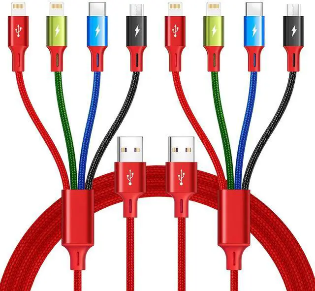 Main image of Multi USB Charging Cable 4A 4-in-1 Braided Charging Cord Multi Charger Cord Multiple USB Cable with IP/USB C/Micro Ports Adapter for Cell Phones/Tablets//Pixel/PS/LG and More (2Pack/4Ft)