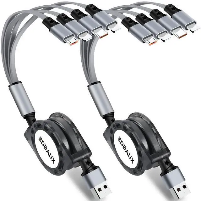 Main image of Multi Charging Cable USB A to 4 in 1 Retractable Dual iP/Type C/Micro Port Fast Charger Cord for iPhone 16 15 14 13 12 Pro Max iPad Mini Galaxy S23/S22/S20 Cell Phones Tablets Universal Use (Grey)