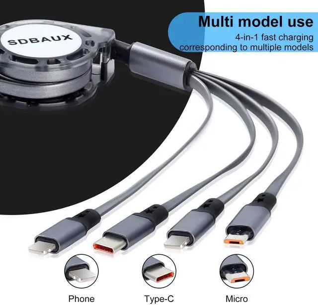 Alt view image 2 of 7 - Multi Charging Cable USB A to 4 in 1 Retractable Dual iP/Type C/Micro Port Fast Charger Cord for iPhone 16 15 14 13 12 Pro Max iPad Mini Galaxy S23/S22/S20 Cell Phones Tablets Universal Use (Grey)