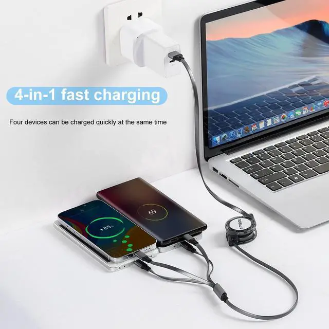 Alt view image 3 of 7 - Multi Charging Cable USB A to 4 in 1 Retractable Dual iP/Type C/Micro Port Fast Charger Cord for iPhone 16 15 14 13 12 Pro Max iPad Mini Galaxy S23/S22/S20 Cell Phones Tablets Universal Use (Grey)