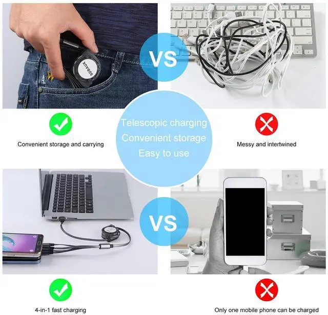 Alt view image 4 of 7 - Multi Charging Cable USB A to 4 in 1 Retractable Dual iP/Type C/Micro Port Fast Charger Cord for iPhone 16 15 14 13 12 Pro Max iPad Mini Galaxy S23/S22/S20 Cell Phones Tablets Universal Use (Grey)