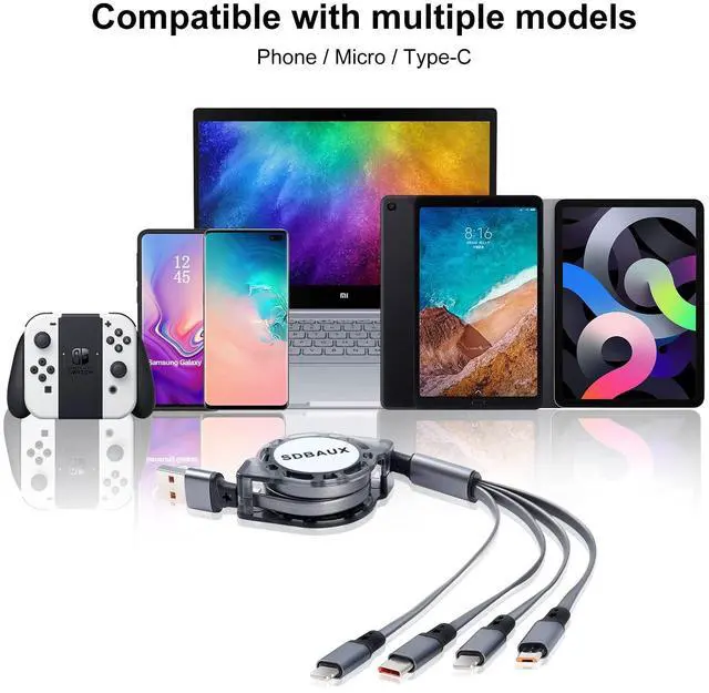 Alt view image 5 of 7 - Multi Charging Cable USB A to 4 in 1 Retractable Dual iP/Type C/Micro Port Fast Charger Cord for iPhone 16 15 14 13 12 Pro Max iPad Mini Galaxy S23/S22/S20 Cell Phones Tablets Universal Use (Grey)