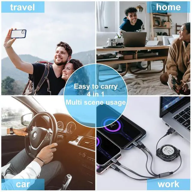 Alt view image 6 of 7 - Multi Charging Cable USB A to 4 in 1 Retractable Dual iP/Type C/Micro Port Fast Charger Cord for iPhone 16 15 14 13 12 Pro Max iPad Mini Galaxy S23/S22/S20 Cell Phones Tablets Universal Use (Grey)