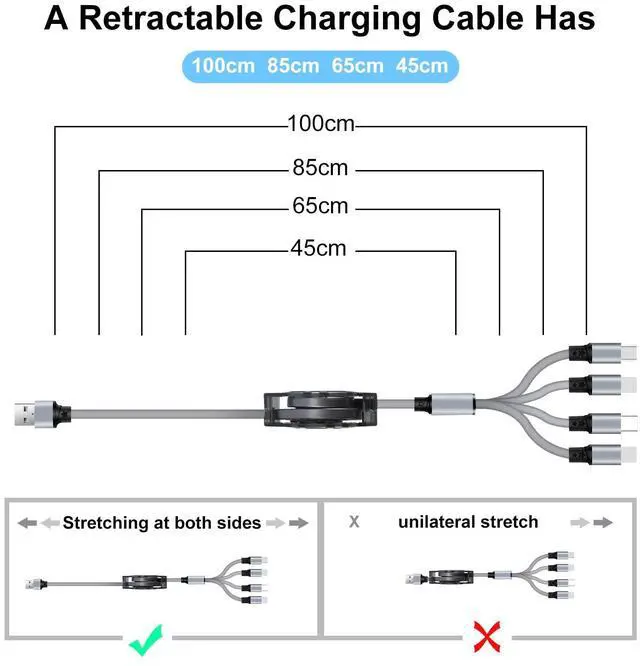 Alt view image 7 of 7 - Multi Charging Cable USB A to 4 in 1 Retractable Dual iP/Type C/Micro Port Fast Charger Cord for iPhone 16 15 14 13 12 Pro Max iPad Mini Galaxy S23/S22/S20 Cell Phones Tablets Universal Use (Grey)