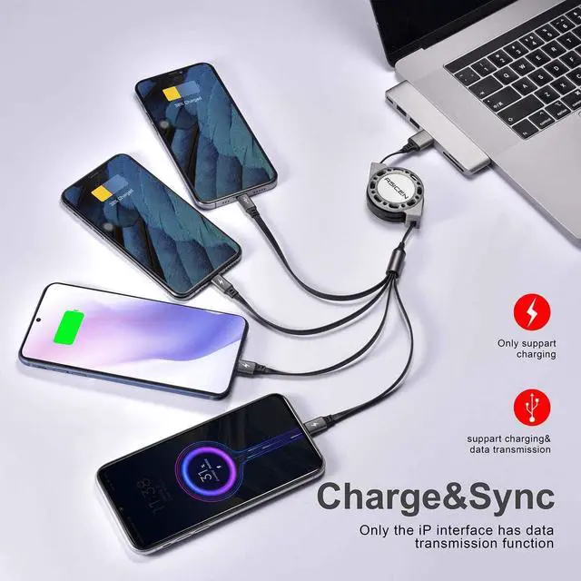 Alt view image 3 of 7 - 2Pack Multi Charging Cable 4 in 1 5Ft Retractable iPhone Charger Cable Multi Charging Cord Retractable USB Cable with iP/Type C/Micro USB Ports for iPhone16/15/14 Series/Cell Phones/Samasung & More