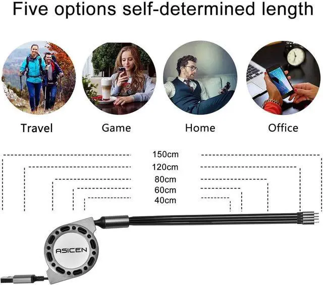 Alt view image 6 of 7 - 2Pack Multi Charging Cable 4 in 1 5Ft Retractable iPhone Charger Cable Multi Charging Cord Retractable USB Cable with iP/Type C/Micro USB Ports for iPhone16/15/14 Series/Cell Phones/Samasung & More