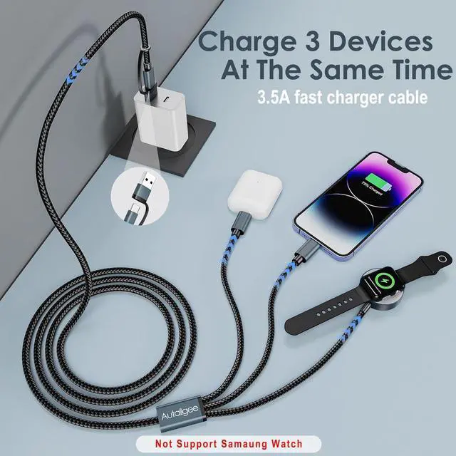 Alt view image 3 of 7 - Upgraded 3 in 2 Multi Charging Cable for  Watch Charger iWatch Travel Essentials Multi Fast Charging Cable Compatible with iWatch Ultra/SE/10/9/8/7/6/5/4/3/2/1 iPhone16/15/14/13/Galaxy S24 [4FT]
