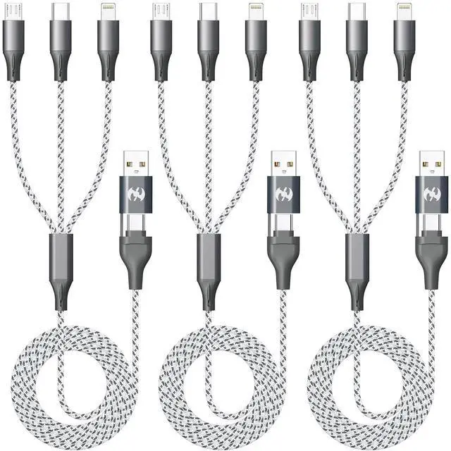 Main image of Multi Charging Cable (3Pack 4ft) 3 in 1 Charging Cable Travel Essentials Nylon Braided Cord USB A/C Port iPhone Charger Cord with Type C Micro Lightning USB for  iPhone Android Phone