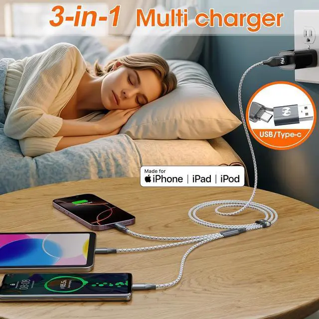 Alt view image 3 of 6 - Multi Charging Cable (3Pack 4ft) 3 in 1 Charging Cable Travel Essentials Nylon Braided Cord USB A/C Port iPhone Charger Cord with Type C Micro Lightning USB for  iPhone Android Phone