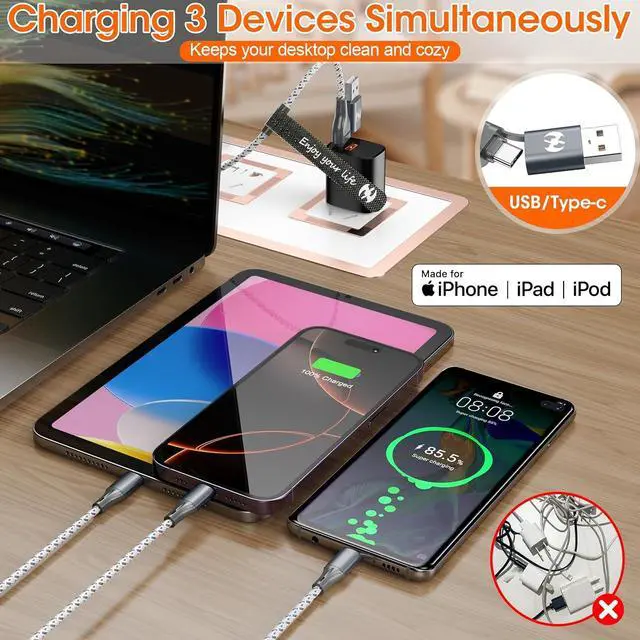Alt view image 4 of 6 - Multi Charging Cable (3Pack 4ft) 3 in 1 Charging Cable Travel Essentials Nylon Braided Cord USB A/C Port iPhone Charger Cord with Type C Micro Lightning USB for  iPhone Android Phone