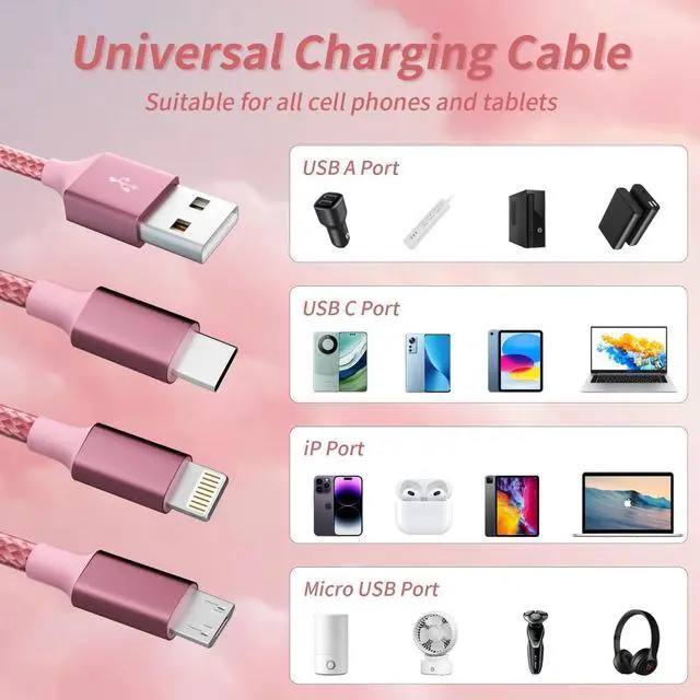 Alt view image 5 of 7 - Multi Charging Cable(2Pack 4FT) 3 in 1 Charging Cable Nylon Braided USB Multi Charger Cable Universal USB Cable with Type C/Micro/IP Port for Most Cell Phones & Pads