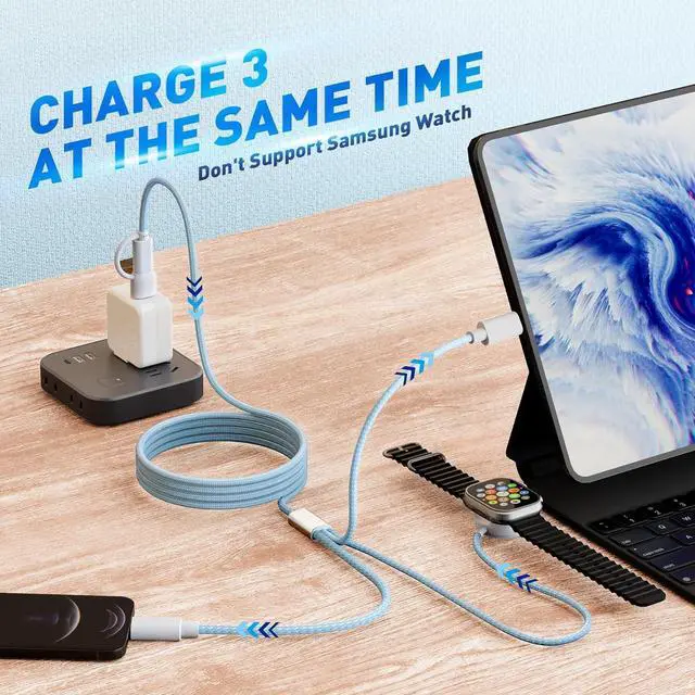 Alt view image 6 of 7 - ???????????????? ?????????? ???????? Charging USB C Watch Phone Charger 3 in 2 Cable Compatible with  Watch Ultra SE Series 1-8 Universal Travel Multi Devices All in One Cord 4FT/1.2M-Blue