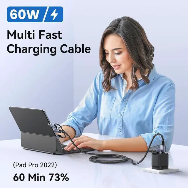 Alt view image 2 of 7 - Multi Charger Cord 6 in 1 USB Cable Fast Charging Cable - PD 60w USB c Multi Fast Charging Cable with Led Display - 6 ft USB C/A to Type C/Phone/Micro Charger Cable Com patible with Phone/Laptops