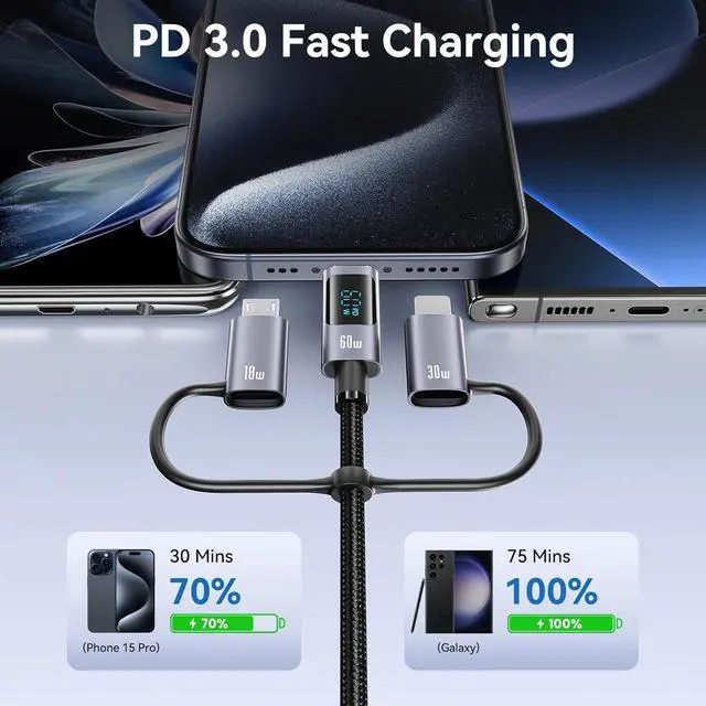Alt view image 3 of 7 - Multi Charger Cord 6 in 1 USB Cable Fast Charging Cable - PD 60w USB c Multi Fast Charging Cable with Led Display - 6 ft USB C/A to Type C/Phone/Micro Charger Cable Com patible with Phone/Laptops