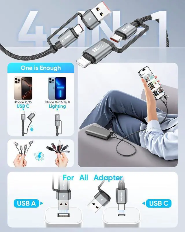 Alt view image 2 of 6 - 4-in-1 Charging Cable 3FT MAX 240W Multi Charge Cable with Lighting/Type C/USB A Port USB A/Lighting to USB C Cable Adapter for iPhone 16/15/14 Pro Max Galaxy S24 S23 S22 and More