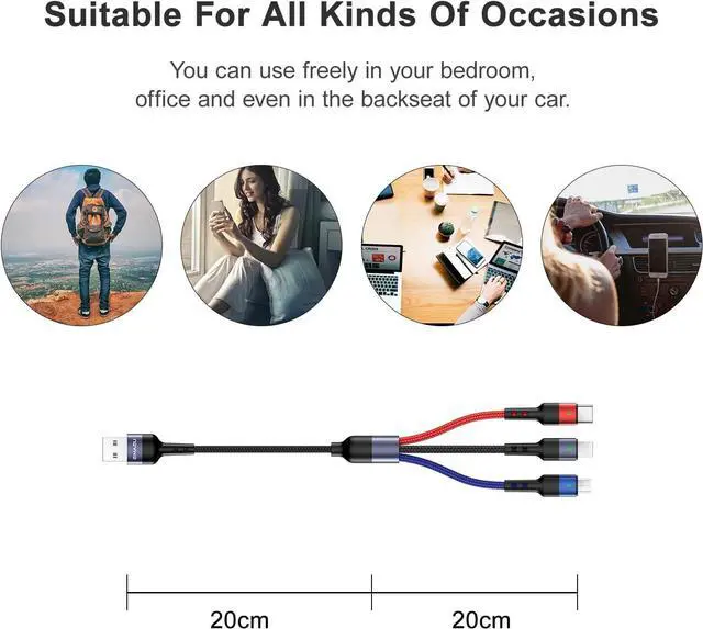 Alt view image 2 of 7 - 2Pack Multi Charging Cable Nylon Braided Short 1FT 4 in 1 USB Charge Cord with Phone Type C Micro USB Connector for Phone/Galaxy and More