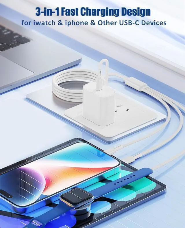 Alt view image 2 of 7 - for  Watch Charger Fast Charging 3 in 1 Multi Chargers Cable with 20W USB C Charger iWatch Charger Cord 6FT for iWatch Series Ultra2/SE/10/9/8/7/6/5/4/3/iPhone 15 16 Pro Max/14/13/12/11 (White)