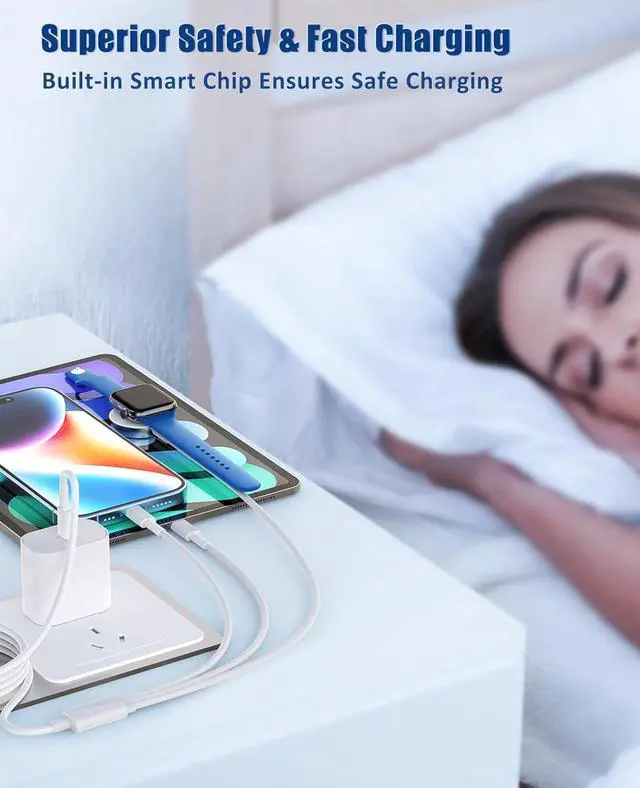 Alt view image 7 of 7 - for  Watch Charger Fast Charging 3 in 1 Multi Chargers Cable with 20W USB C Charger iWatch Charger Cord 6FT for iWatch Series Ultra2/SE/10/9/8/7/6/5/4/3/iPhone 15 16 Pro Max/14/13/12/11 (White)