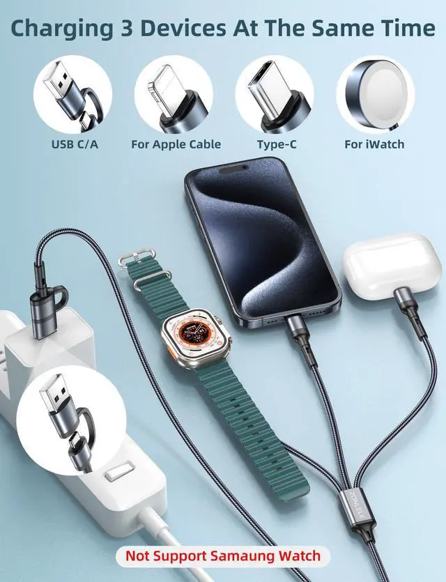 Alt view image 2 of 7 - Charger Cable for  Watch Upgraded 3 in 2 iPhone Watch Charger USB C Multi Charging Cable Compatible with iWatch Ultra/SE/10/9/8/7/6/5/4/3/2/1 & iPhone 16/15/14/13/12/11/Galaxy S23-4FT