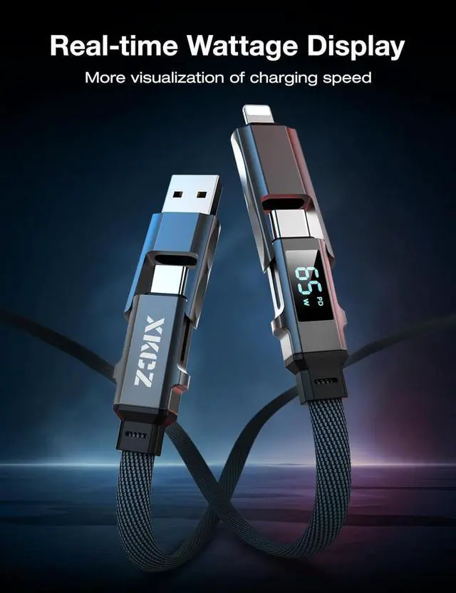 Alt view image 3 of 6 - 4 in 1 USB C Cable with Wattage Display 65W Flat Nylon Braided Multi Charge Cable with Data Sync USB C Charging Cord Combo Type C/USB A/L Port for iPhone/iPad//Laptop 5FT