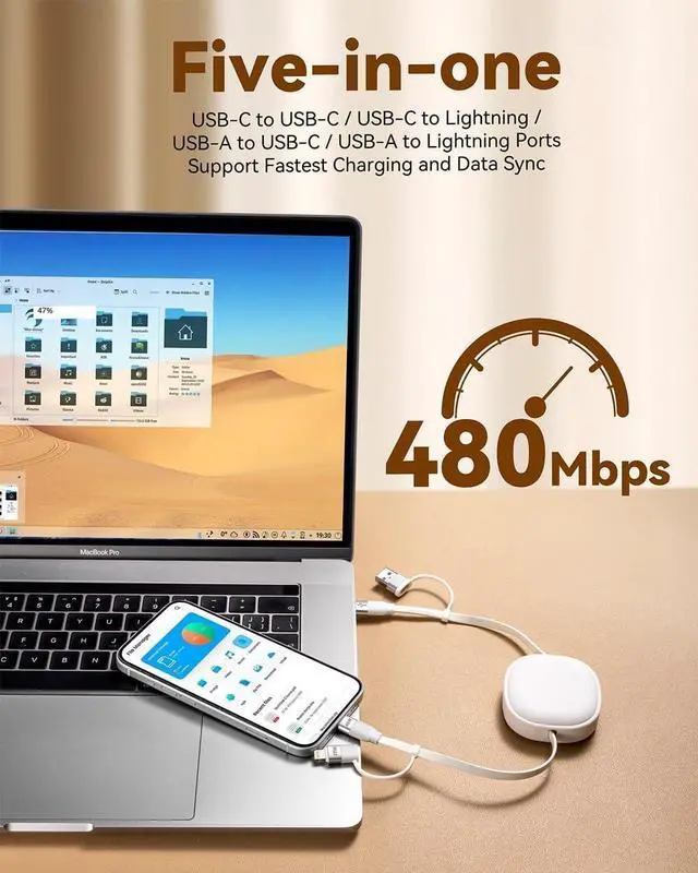 Alt view image 2 of 7 - 65W Retractable Charging Cable 5 in 1 Travel Multi Charger Cable Type C Charger Cable Fast Charging Cord USB C to USB C+Lightning for iPhone 16 15 14 Pro Max iPad  PS 5 Tablets-2Pack 3.86ft