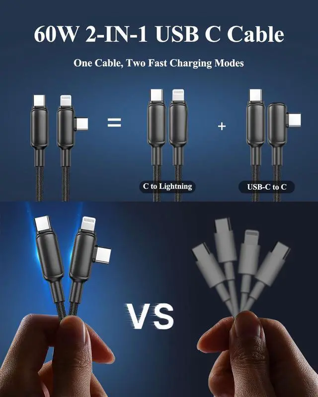Alt view image 2 of 7 - 2 in 1 USB C to USB C/Lightning Cable 2Pack 5FT Braided Type C Multi Charging Cable 60W Multiple Connectors Universal Fast Charger Cord for iPhone 16 15 14 Pro Max/iPad Air Pro/