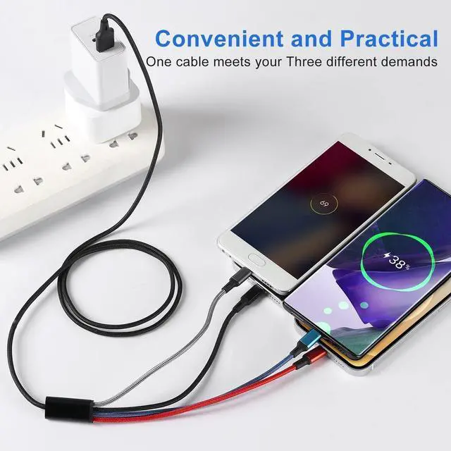 Alt view image 2 of 7 - Multi Charging Cable USB A to 4 in 1 Nylon Braided Dual IP/Type C/Micro Port Fast Charger Cord for iPhone 16 15 14 13 12 Pro Max iPad Mini Air Galaxy S23/S22/S20 Cell Phones Tablets and More-2Pack