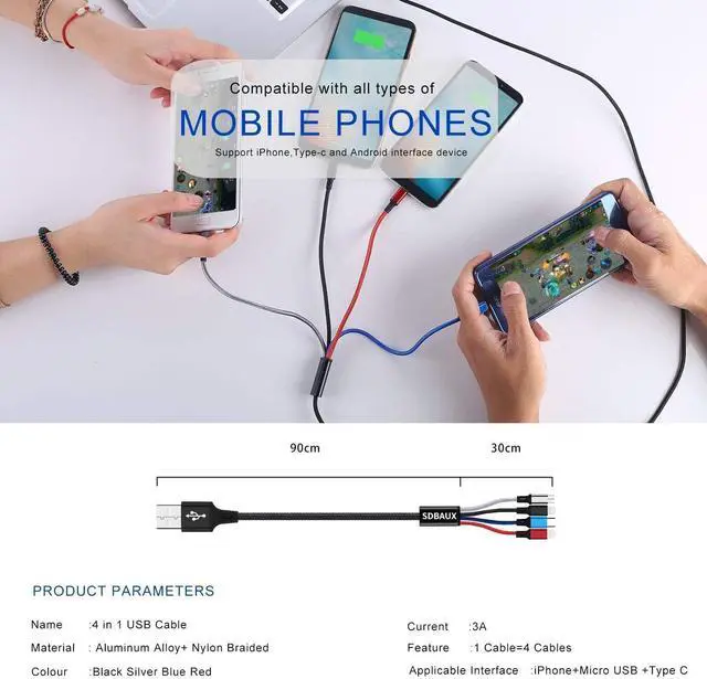 Alt view image 5 of 7 - Multi Charging Cable USB A to 4 in 1 Nylon Braided Dual IP/Type C/Micro Port Fast Charger Cord for iPhone 16 15 14 13 12 Pro Max iPad Mini Air Galaxy S23/S22/S20 Cell Phones Tablets and More-2Pack