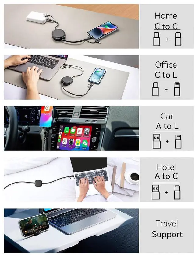 Alt view image 3 of 7 - Multi Charging Cable 2Pack 5 in 1 Retractable Lightning Charger Cable 60W USB C to USB C Fast Charging Multiple USBC Cord Multi Car Charger for iPhone 16/15/14 Pro Max iPad  S24 S23 Tablets