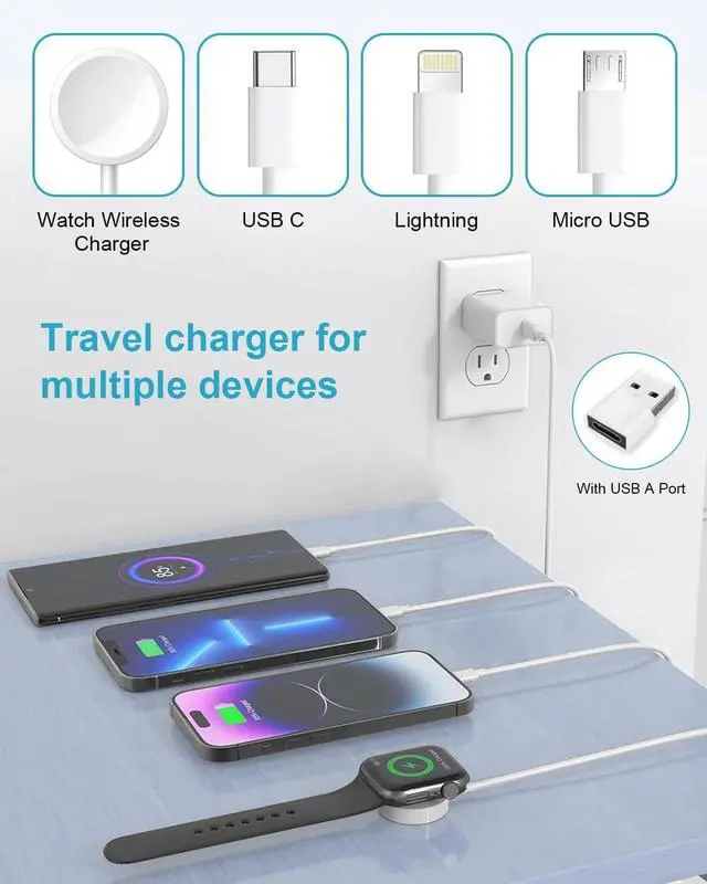 Alt view image 2 of 7 - Upgraded 2Pack 4 in 2 Multi Charging Cable for Wireless  Watch Charger for iWatch 9/8/7/6/5/SE/Ultra 4FT iWatch Charger iPhone Fast Charging Cable Cord for iPhone 15/14/13/12/11/X/SE iPad Android