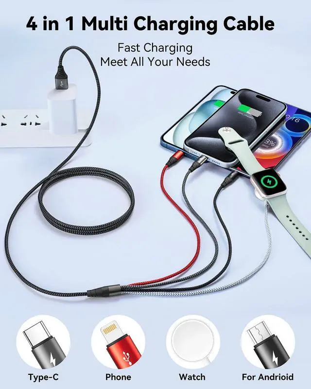 Alt view image 2 of 7 - Multi Charging Cable for  Watch Charger 4FT Nylon Braided Multi Chargers for All Devices Travel Essentials Multiple Charger Cord for iWatch UItra/SE/Series 9-1/iPhone 16 15 14/Galaxy/Android