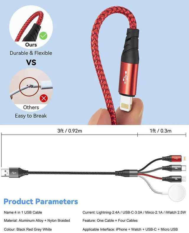 Alt view image 5 of 7 - Multi Charging Cable for  Watch Charger 4FT Nylon Braided Multi Chargers for All Devices Travel Essentials Multiple Charger Cord for iWatch UItra/SE/Series 9-1/iPhone 16 15 14/Galaxy/Android