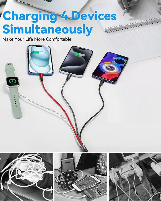 Alt view image 7 of 7 - Multi Charging Cable for  Watch Charger 4FT Nylon Braided Multi Chargers for All Devices Travel Essentials Multiple Charger Cord for iWatch UItra/SE/Series 9-1/iPhone 16 15 14/Galaxy/Android