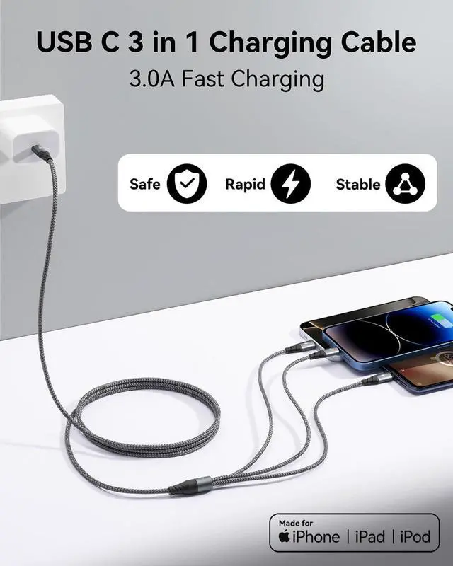 Alt view image 2 of 7 - USB C Multi Charging Cable 3A [2Pack 4FT] 3 in 1 Charging Cable Nylon Braided Multiple Phone Charger Cord Fast iPhone Charging Cord with Type-C Micro USB IP Port for iPhone16/15/14/Android and More