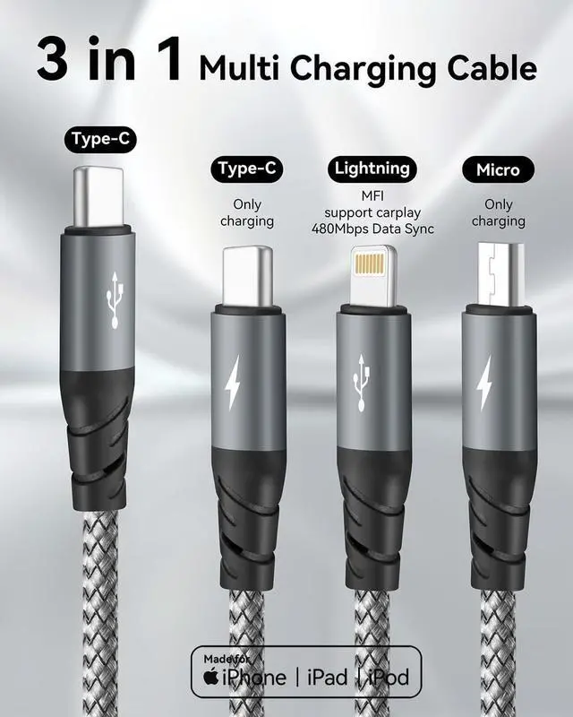 Alt view image 3 of 7 - USB C Multi Charging Cable 3A [2Pack 4FT] 3 in 1 Charging Cable Nylon Braided Multiple Phone Charger Cord Fast iPhone Charging Cord with Type-C Micro USB IP Port for iPhone16/15/14/Android and More