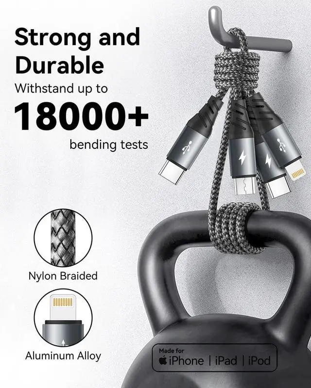 Alt view image 7 of 7 - USB C Multi Charging Cable 3A [2Pack 4FT] 3 in 1 Charging Cable Nylon Braided Multiple Phone Charger Cord Fast iPhone Charging Cord with Type-C Micro USB IP Port for iPhone16/15/14/Android and More
