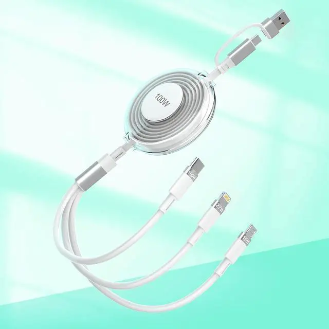 Main image of 100W Retractable Multi 5-in-1 USB A/Type C to Lightning+USB C+Micro Charging Cable for All  iPhone 100W+27W Fast Multiple Charger Cord for iPhone 15 14 13 12//iPad Pro