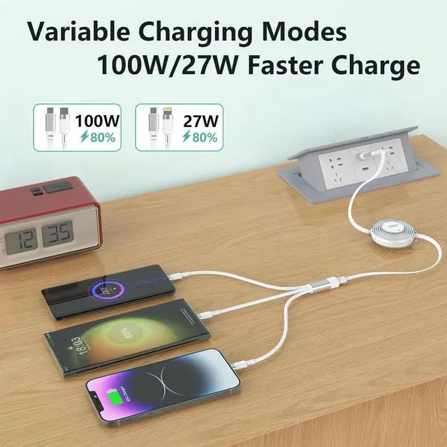 Alt view image 3 of 7 - 100W Retractable Multi 5-in-1 USB A/Type C to Lightning+USB C+Micro Charging Cable for All  iPhone 100W+27W Fast Multiple Charger Cord for iPhone 15 14 13 12//iPad Pro